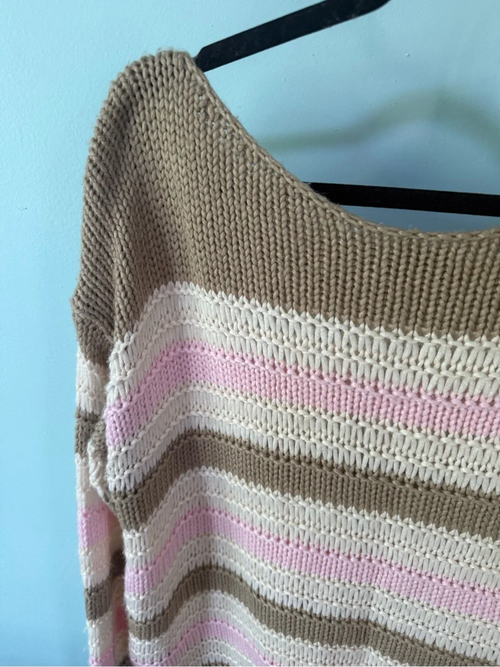 Hollister Striped Slouchy Off The Shoulder Knit Sweater in Beige, Pink & Cream